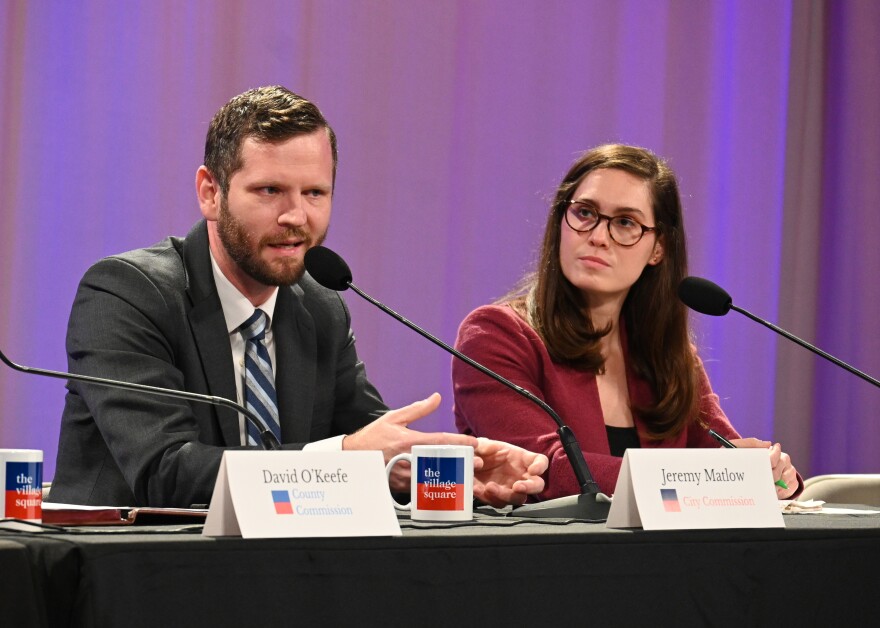 Tallahassee City Commissioner's Jeremy Matlow and Jack Porter during the Village Square's Town Hall on May 8th, 2026.