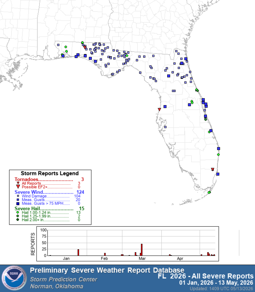 Severe weather reports across the state of Florida through May 12, 2026.