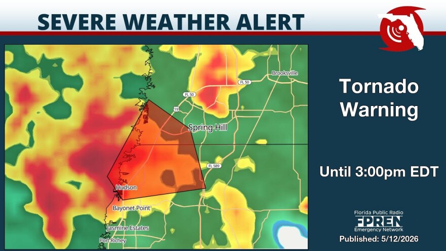 Radar image of Tornado Warning for portions of Hernando and Pasco counties on May 12, 2026.