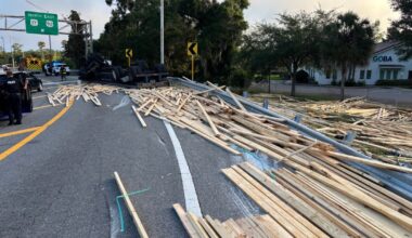 Tractor-trailer overturns, spills lumber onto Maitland road