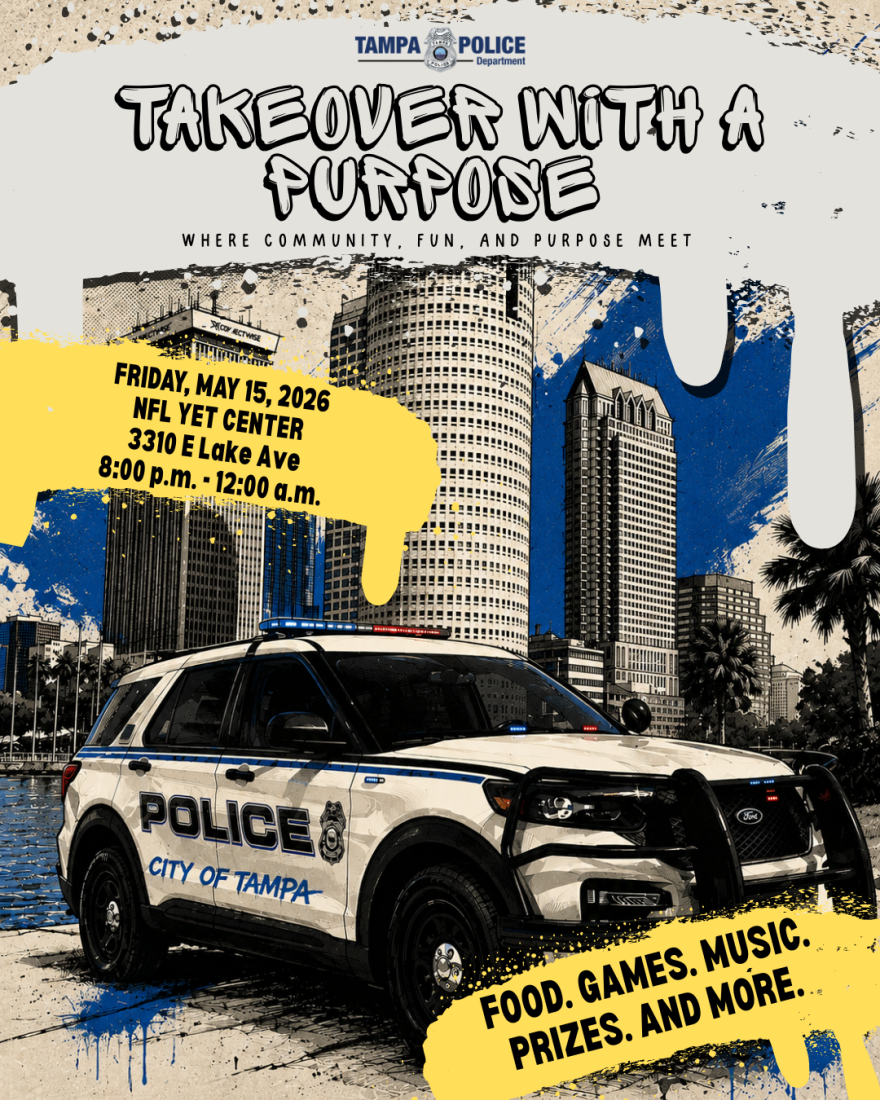 A Tampa Police Department poster showing the image of a police car in front of a backdrop of the Curtis Hixon Park with time and location of the "Takeover with a purpose" event.