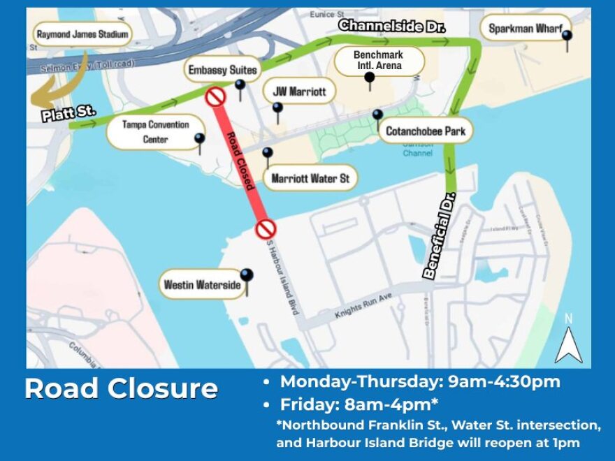 Map of road closures near Tampa Convention Center