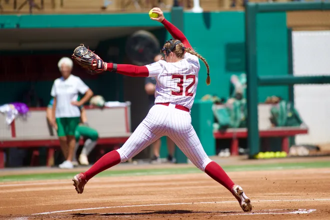 Jazzy Francik throws a pitch for Florida State as Stetson softball beat Florida State, 8-3, in the NCAA Tallahassee Regional at JoAnne Graf Field on Friday, May 15, 2026.