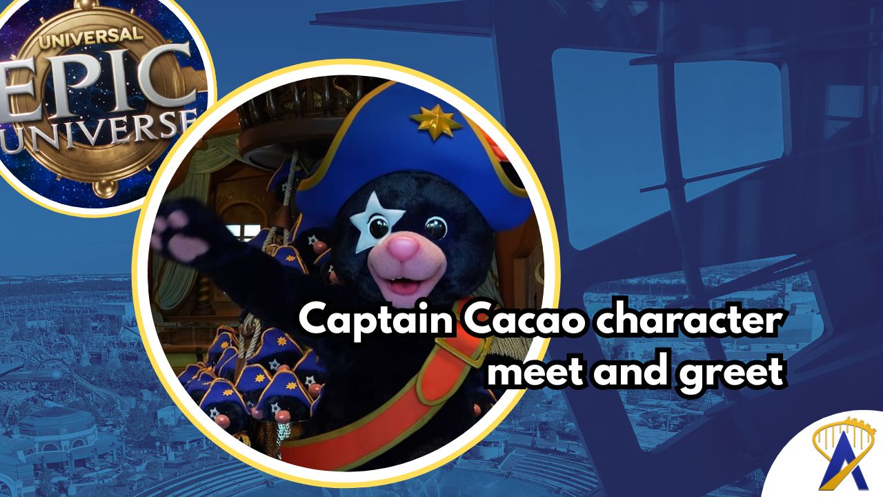 Captain Cacao character meet and greet Epic Universe - background photo by Dani Meyering character photo from Universal Orlando