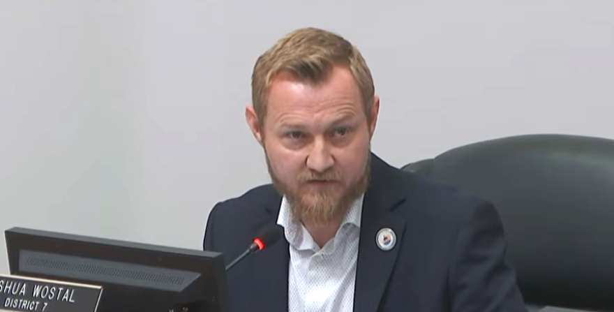 Hillsborough County Commissioner Joshua Wostal asks questions to county staff regarding the Rays stadium agreement during the board meeting on May 20, 2026.