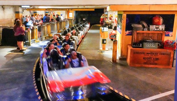 Invited guests prepare for departure on the Rock 'n' Roller Coaster Starring The Muppets at Disney's Hollywood Studios in Lake Buena Vista, Wednesday, May 20, 2026. Officially opening on May 26, the reimagined coaster launches from 0 to 57 mph in 2.8 seconds, taking riders upside down 3 times and features The Muppet's "The Electric Mayhem" rock band. (Joe Burbank/Orlando Sentinel)