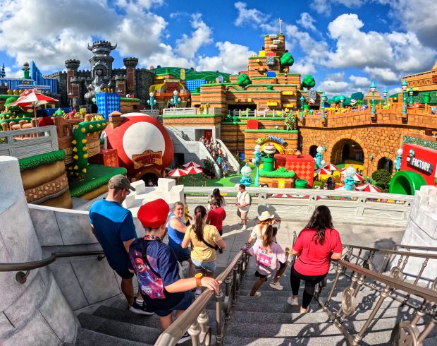 Guests arrive at Super Nintendo World at Epic Universe Thursday as the theme park neared its one-year anniversary. (Joe Burbank/Orlando Sentinel)