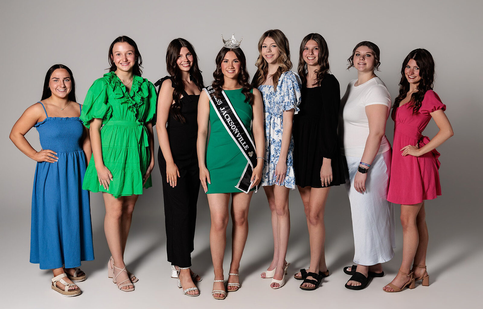 Those vying for the Miss Jacksonville title in this year's Jacksonville Mainstreet Pageant are Lydia Keefe (from left), Hannah Beckmann, Chatym Besterfeldt, 2025 Miss Jacksonville Mia Frye, Clarissa Emerick, Chloe Harney, Maci Lovekamp and Kaidynce McGillicuddy.