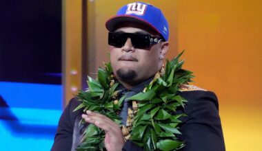 Giants rookie Francis Mauigoa pranks Jaxson Dart with custom Miami Hurricanes jersey