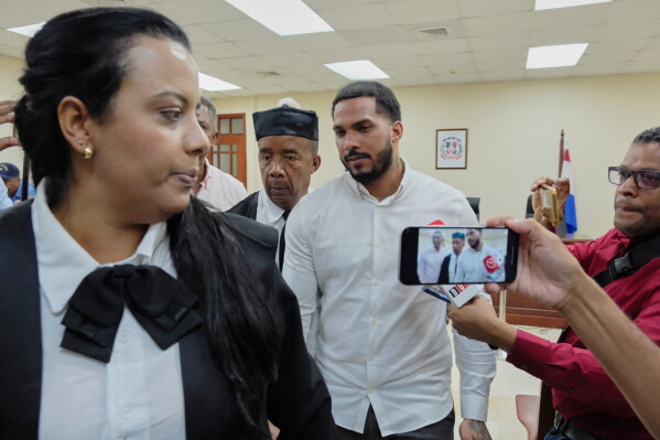 Tampa Bay Rays shortstop Wander Franco leaves court after his trial on charges of sexually abusing a minor in Puerto Plata, Dominican Republic, Monday, May 25, 2026. (AP Photo/Ricardo Hernandez)
