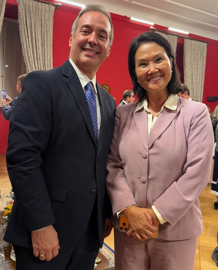 Carlos Diaz-Rosillo with Keiko Fujimori, candidate for President of Peru. Fujimori gave lectures at the Adam Smith Center in 2025.