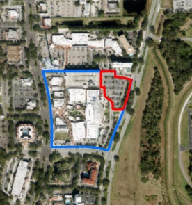 This map shows the location of ICON Park along Universal Boulevard outlined in blue, and the area where the new Arte Museum will be located, outlined in red. (Image courtesy of McIntosh Associates)