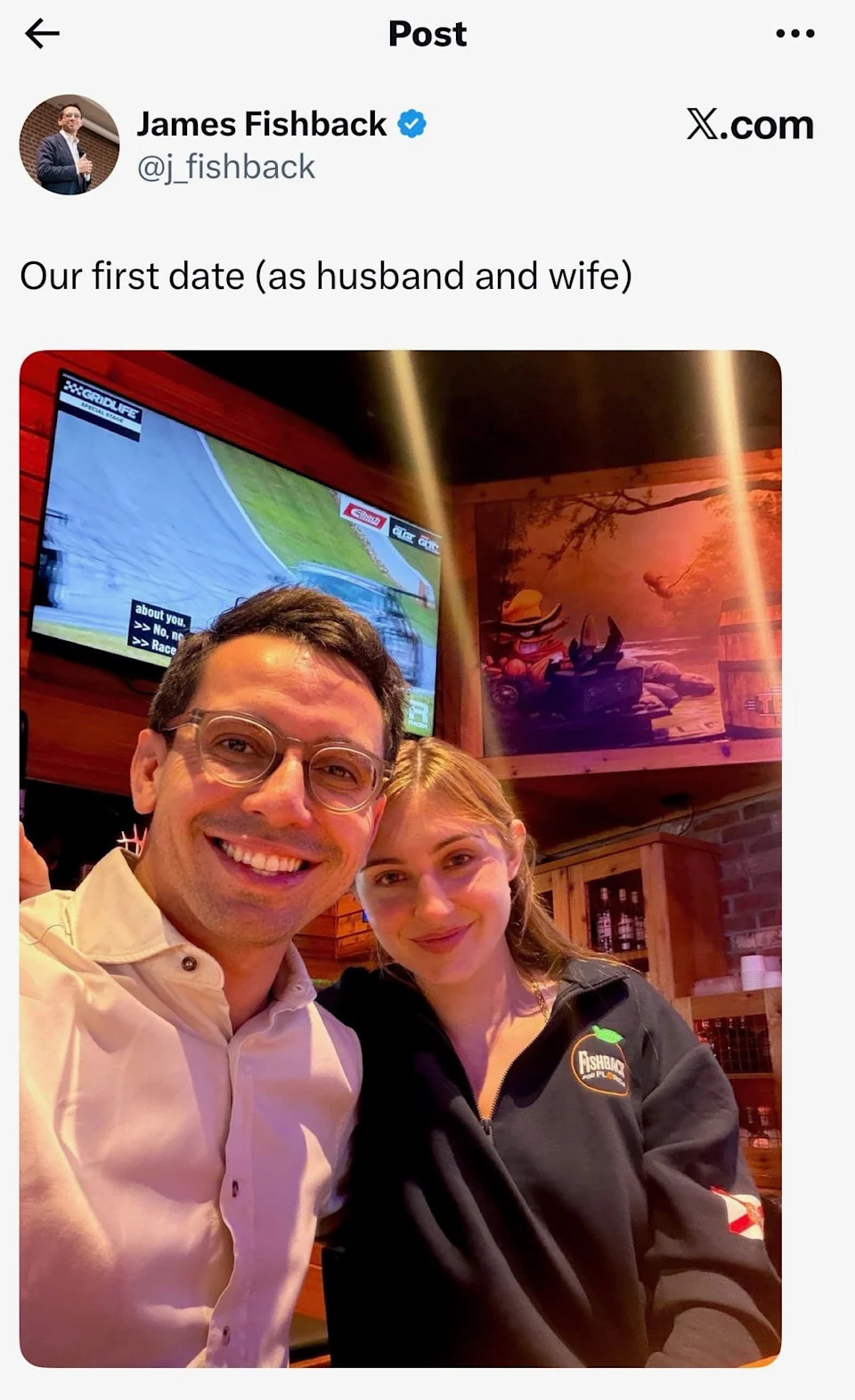 Fishback shared a photo of him and his now-wife on X. / Screenshot/X / X
