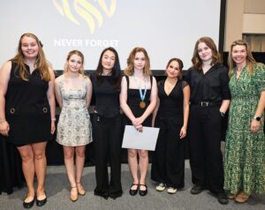 First place playwrights contest winner Elora L. (center) with the cast and artistic director from ThinkTank Theatre.