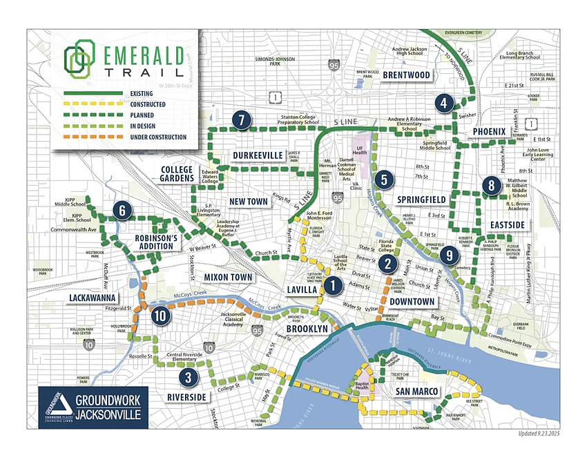 The Emerald Trail park system in Jacksonville encompasses Downtown and the neighborhoods to the north. The Emerald Trail park system in Jacksonville encompasses Downtown and the neighborhoods to the north.