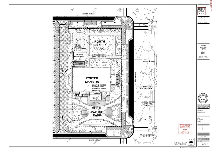 A schematic of modifications for parks north and south of the Porter Mansion in Pearl Square, the Gateway Jax redevelopment district Downtown. A schematic of modifications for parks north and south of the Porter Mansion in Pearl Square, the Gateway Jax redevelopment district Downtown.