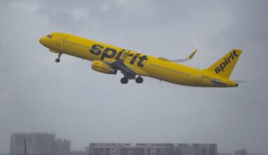 A Spirit Airlines airplane departs from Fort Lauderdale - Hollywood International Airport, Florida