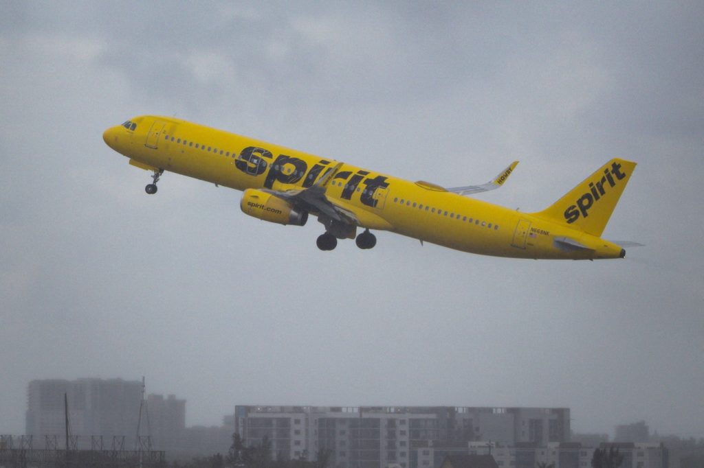 A Spirit Airlines airplane departs from Fort Lauderdale - Hollywood International Airport, Florida