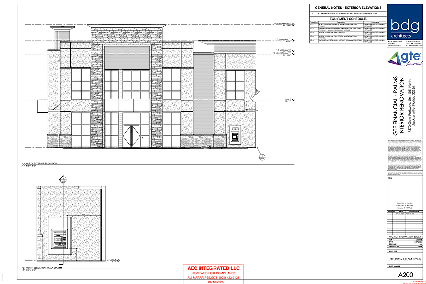 A GTE Financial office is in review for a Jacksonville office build-out in The Palms at Gate Parkway in South Jacksonville. It will include a walk-up ATM. A GTE Financial office is in review for a Jacksonville office build-out in The Palms at Gate Parkway in South Jacksonville. It will include a walk-up ATM.