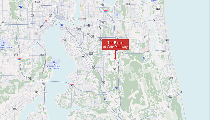 The Palms at Gate Parkway is in South Jacksonville along Gate Parkway, west of Interstate 295 and south of Butler Boulevard. The Palms at Gate Parkway is in South Jacksonville along Gate Parkway, west of Interstate 295 and south of Butler Boulevard.