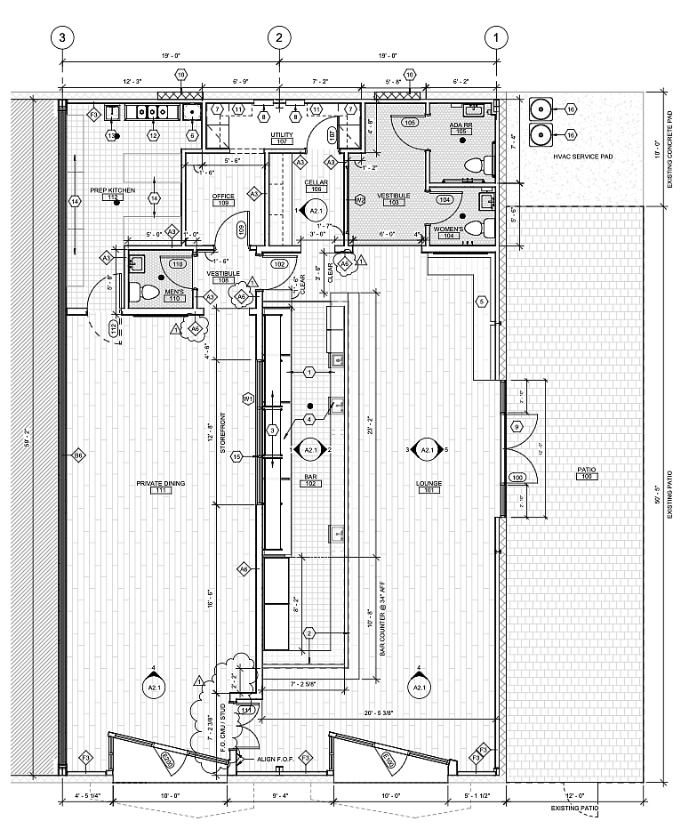 Plans for The Huguenot wine, cheese and charcuterie bar on the Downtown Southbank show the project is a 2,100-square-foot interior tenant in Units 4-5 within a 7,105-square-foot shell structure. There is a lounge, private dining and patio. Plans for The Huguenot wine, cheese and charcuterie bar on the Downtown Southbank show the project is a 2,100-square-foot interior tenant in Units 4-5 within a 7,105-square-foot shell structure. There is a lounge, private dining and patio.