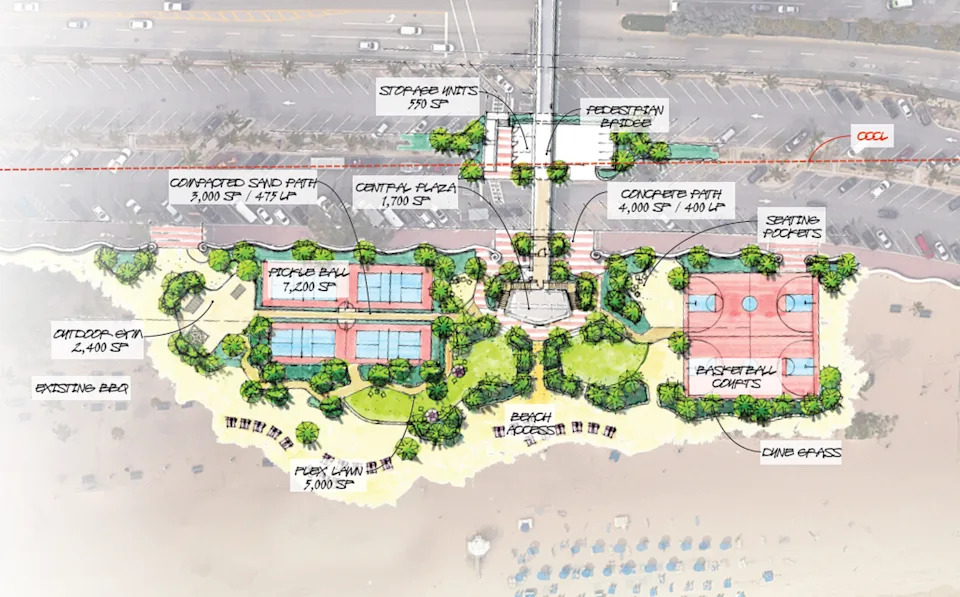 A rendering by design firm EDSA of a proposed renovation of Fort Lauderdale Beach Park, which includes new pickleball courts and basketball courts. The Fort Lauderdale City Commission discussed the redesign at a May 5 meeting.