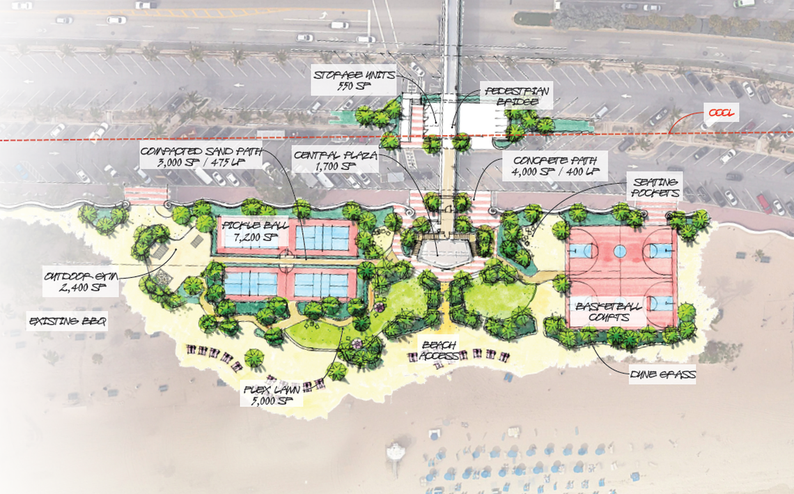 A rendering by design firm EDSA of a proposed renovation of Fort Lauderdale Beach Park, which includes new pickleball courts and basketball courts. The Fort Lauderdale City Commission discussed the redesign at a May 5 meeting.