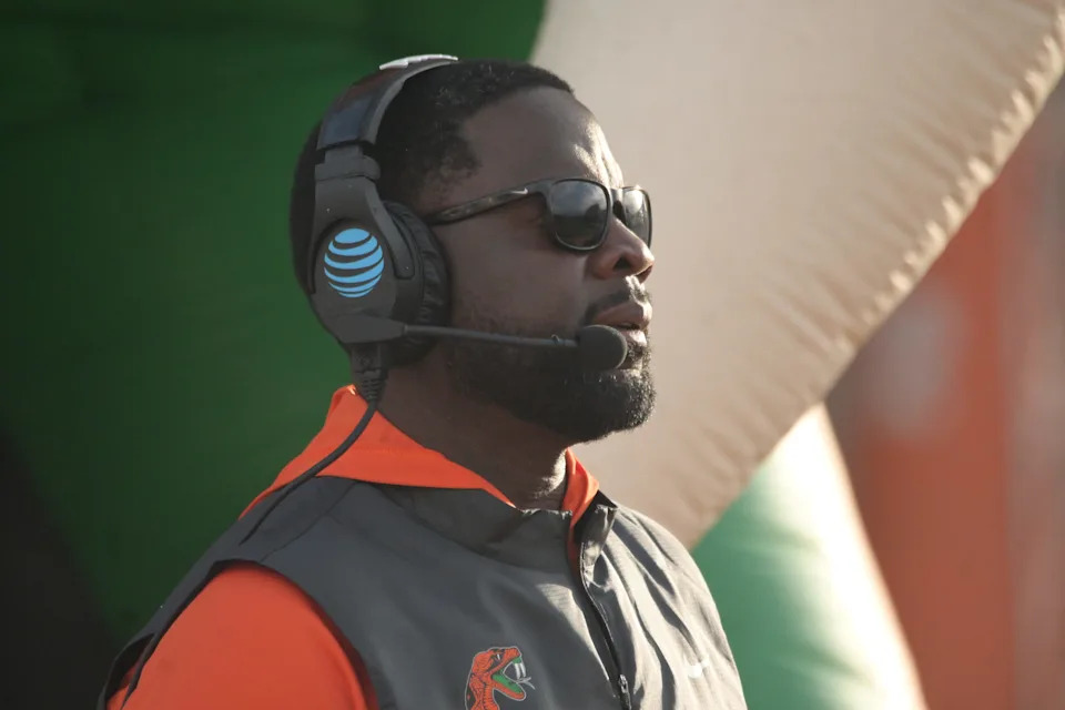 The Florida A&M Rattlers head coach Quinn Gray Sr. surveys the action during the 'Friday Night Strike' Orange and Green Spring Football Game on Ken Riley Field at Bragg Memorial Stadium in Tallahassee, Florida, Friday, April 3, 2026.