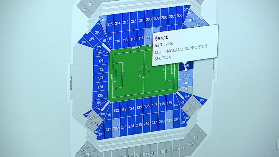 <div>A Ticketmaster seat map shows widespread availability in the upper decks and designated fan sections at Raymond James Stadium.</div>