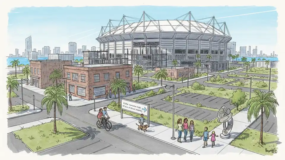 Historic Gas Plant District in St. Petersburg with Tropicana Field visible in background, showing urban redevelopment area