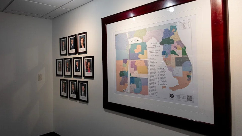 Florida's congressional map displayed on screen during legislative session in Tallahassee