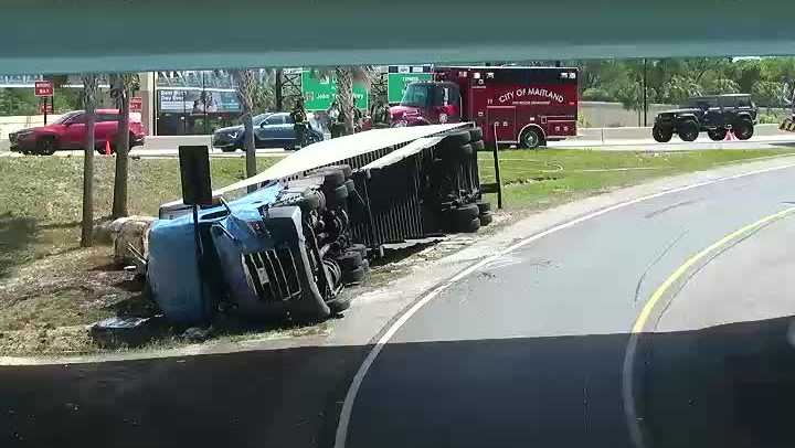 Overturned tractor-trailer closes I-4 onramp in Maitland