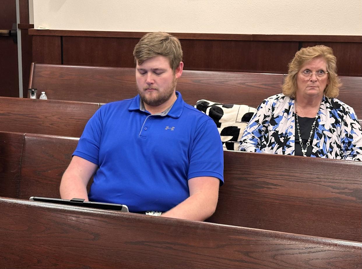 Tallahassee Police Department Officer Caleb Babb sat in a Leon County courtroom on May 1, 2026, for closing arguments in the trial of three men charged with shooting him during a violent crime spree in 2023.