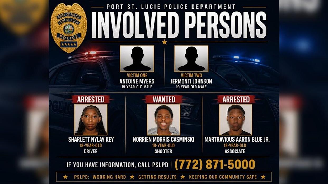 Two people have been arrested and a third is wanted in connection with a shooting that left two 19-year-old men from Georgia wounded the evening of May 2 in Port St. Lucie, police said. May 3, 2026, Port St. Lucie.