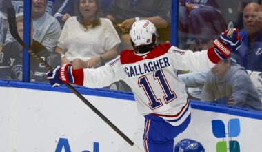 Brendan Gallagher extends his arms out in celebration as he faces unimpressed Tampa fans on the other side of the glass.