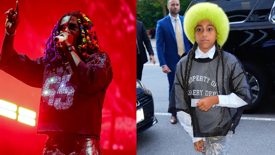 Young Thug performing with colorful hair and outfit on the left; North West with bright green hair and a mesh top on the right.
