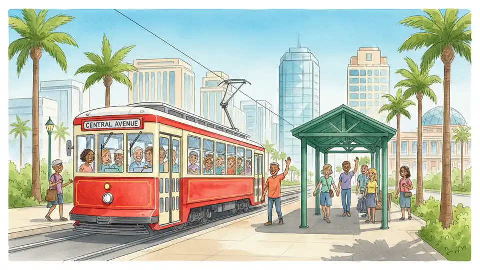 Central Avenue Trolley at station platform in St. Petersburg with downtown buildings in background