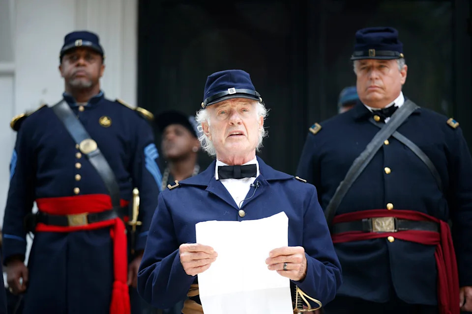 Brian Bibeau plays the role of Brigadier General Edward McCook as he recites the Emancipation Proclamation at the Knott House Museum Steps in 2015.