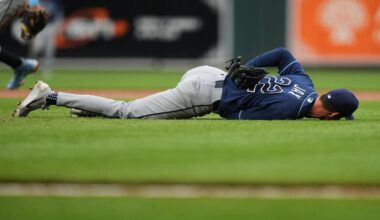 Tampa Bay Rays starting pitcher Griffin Jax (22) reacts after an injury during the second inning of a baseball game against the Baltimore Orioles, Tuesday, May 26, 2026, in Baltimore. (AP Photo/Stephanie Scarbrough)
