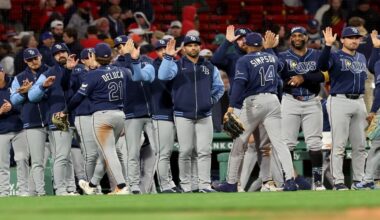 The Tampa Bay Rays celebrate their win over the Boston Red Sox in a baseball game, Thursday, May 7, 2026, in Boston. (AP Photo/Mark Stockwell)
