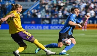 CF Montreal's Luca Petrasso, right, reacts as Orlando City's Griffin Dorsey, left, clears the ball from the box during first-half MLS soccer match action in Montreal, Saturday, May 9, 2026. (Graham Hughes/The Canadian Press via AP)