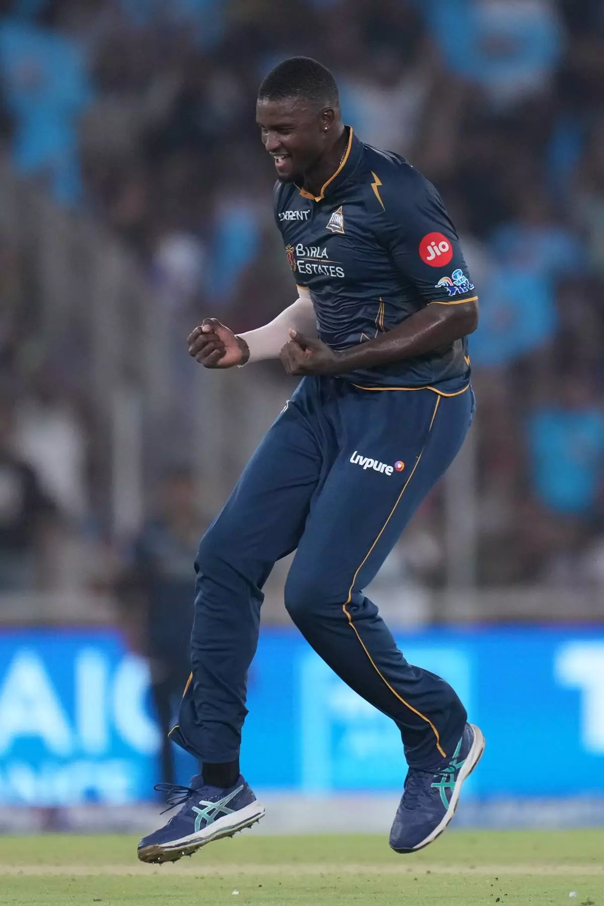 Gujarat Titans' Jason Holder celebrates the wicket of Punjab Kings' captain Shreyas Iyer during the Indian Premier League cricket match between Gujarat Titans and Punjab Kings in Ahmedabad, India, Sunday, May 3, 2026. (AP Photo/Ajit Solanki)