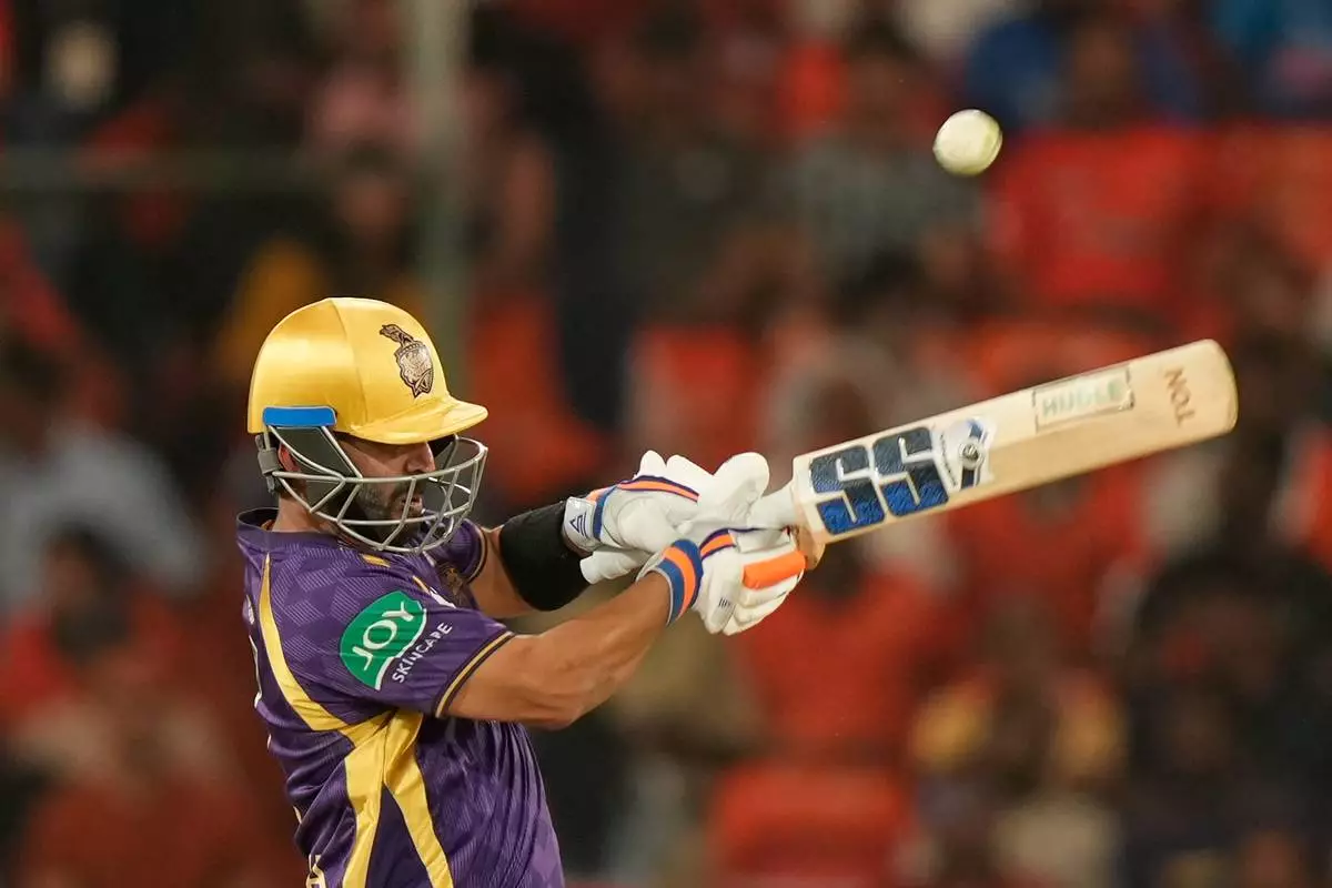 Kolkata Knight Riders' captain Ajinkya Rahane plays a shot during the Indian Premier League cricket match between Sunrisers Hyderabad and Kolkata Knight Riders in Hyderabad , India, Sunday, May 3, 2026. (AP Photo/Mahesh Kumar A.)