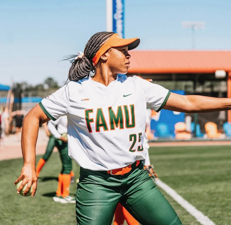 Florida A&M Rattlers senior Amari Brown warms up on the field for an NCAA college softball game.