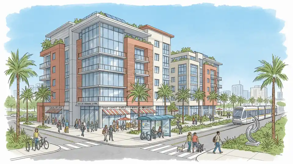Architectural rendering of mixed-use urban development with affordable housing units, retail spaces, and public transit access in St. Petersburg