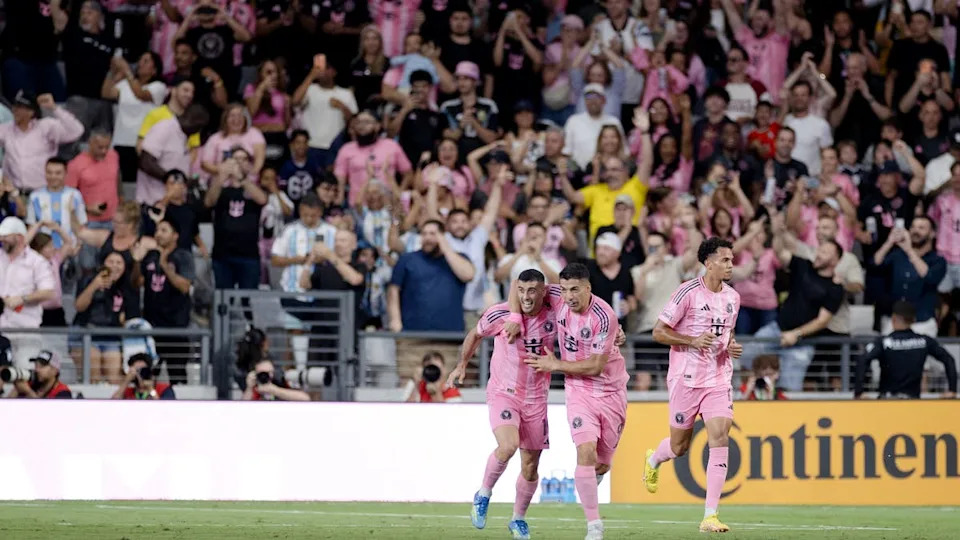 Germán Berterame #19 of Inter Miami CF celebrates with teammate <a class="link " href="https://sports.yahoo.com/soccer/players/3904099/" data-i13n="sec:content-canvas;subsec:anchor_text;elm:context_link" data-ylk="slk:Luis Suarez;sec:content-canvas;subsec:anchor_text;elm:context_link;itc:0" data-yga="{"yLinkElement":"context_link","yModuleName":"content-canvas","yLinkText":"Luis Suarez","ySubModuleName":"anchor_text","yHasCommerce":false}">Luis Suarez</a> #9 after <a class="link " href="https://sports.yahoo.com/soccer/players/772324/" data-i13n="sec:content-canvas;subsec:anchor_text;elm:context_link" data-ylk="slk:Berterame;sec:content-canvas;subsec:anchor_text;elm:context_link;itc:0" data-yga="{"yLinkElement":"context_link","yModuleName":"content-canvas","yLinkText":"Berterame","ySubModuleName":"anchor_text","yHasCommerce":false}">Berterame</a> scored a goal during the game against New England Revolution at Nu Stadium on April 25, 2026 in Miami, Florida. (Photo by Michael Pimentel/ISI Photos/ISI Photos via Getty Images)Photo by Michael Pimentel&sol;ISI Photos&sol;ISI Photos via Getty Images