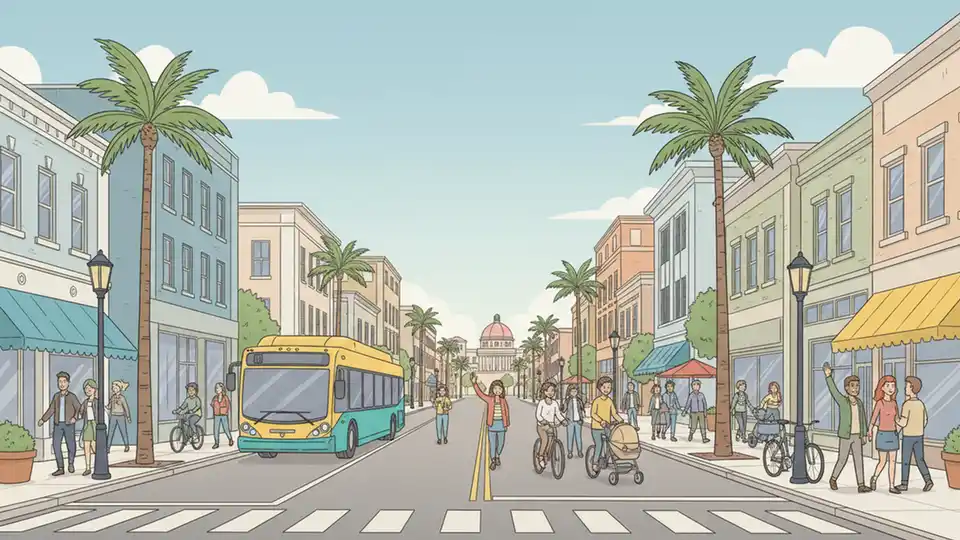 A wide view of Central Avenue in St. Petersburg showing mixed-use buildings, pedestrians on sidewalks, and a SunRunner bus traveling along the corridor under clear skies
