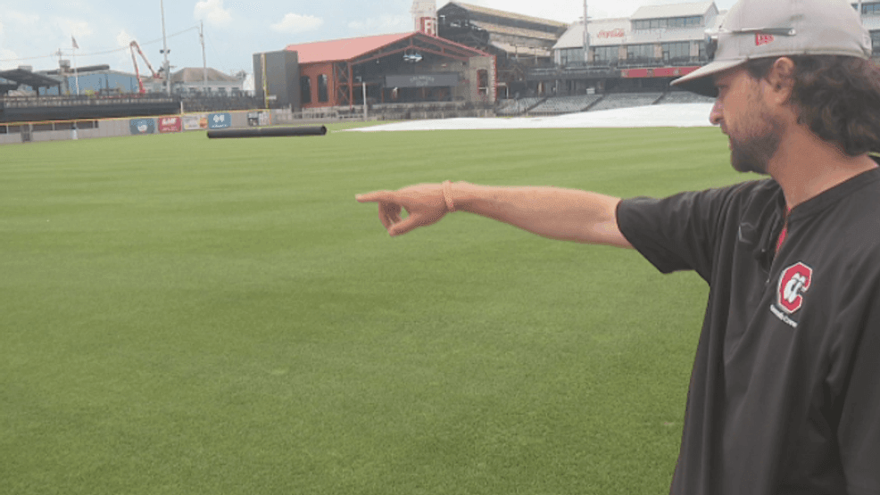 Head of groundscrew at Erlanger Park, Sam Turner, explaining the layout for Chattanooga FC's match at the Lookouts' home
