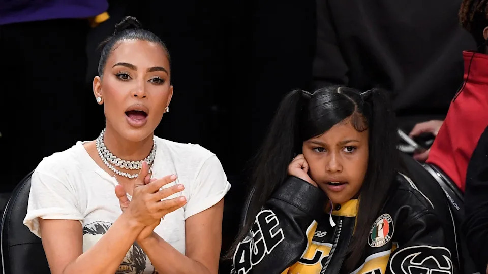 Kim Kardashian and daughter North West attend the Western Conference Semifinal Playoff game between the Los Angeles Lakers and Golden State Warriors at Crypto.com Arena on May 12, 2023 in Los Angeles, California.
