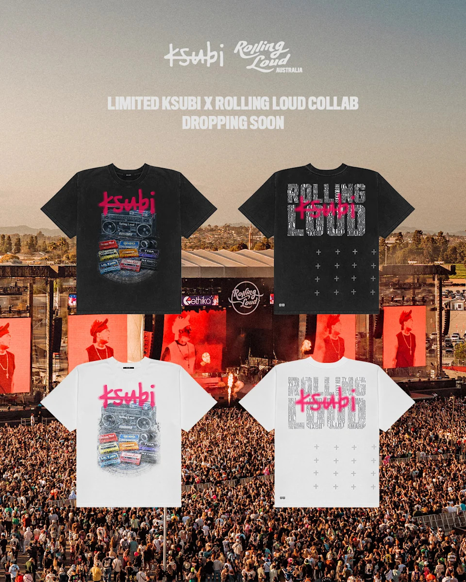 Promotional image for a limited Ksubi x Rolling Loud collaboration, featuring black and white T-shirts with festival graphics.